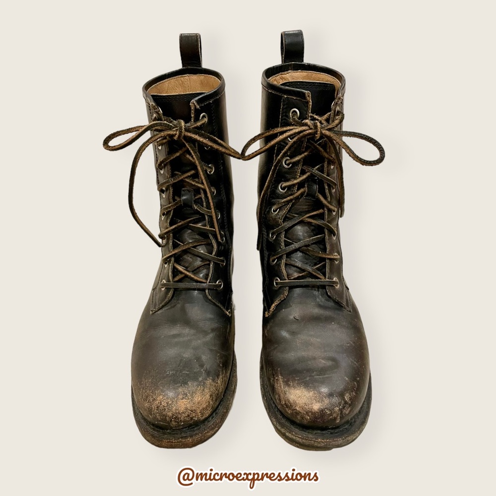Frye Veronica Combat Distress Black Brown Tumbled Leather Laced Combat AnkleBoot - Picture 9 of 14